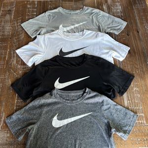 NIKE | (4) Boys’ Dri-fit T-Shirts, White, Black, Light Gray, Dark Gray, L